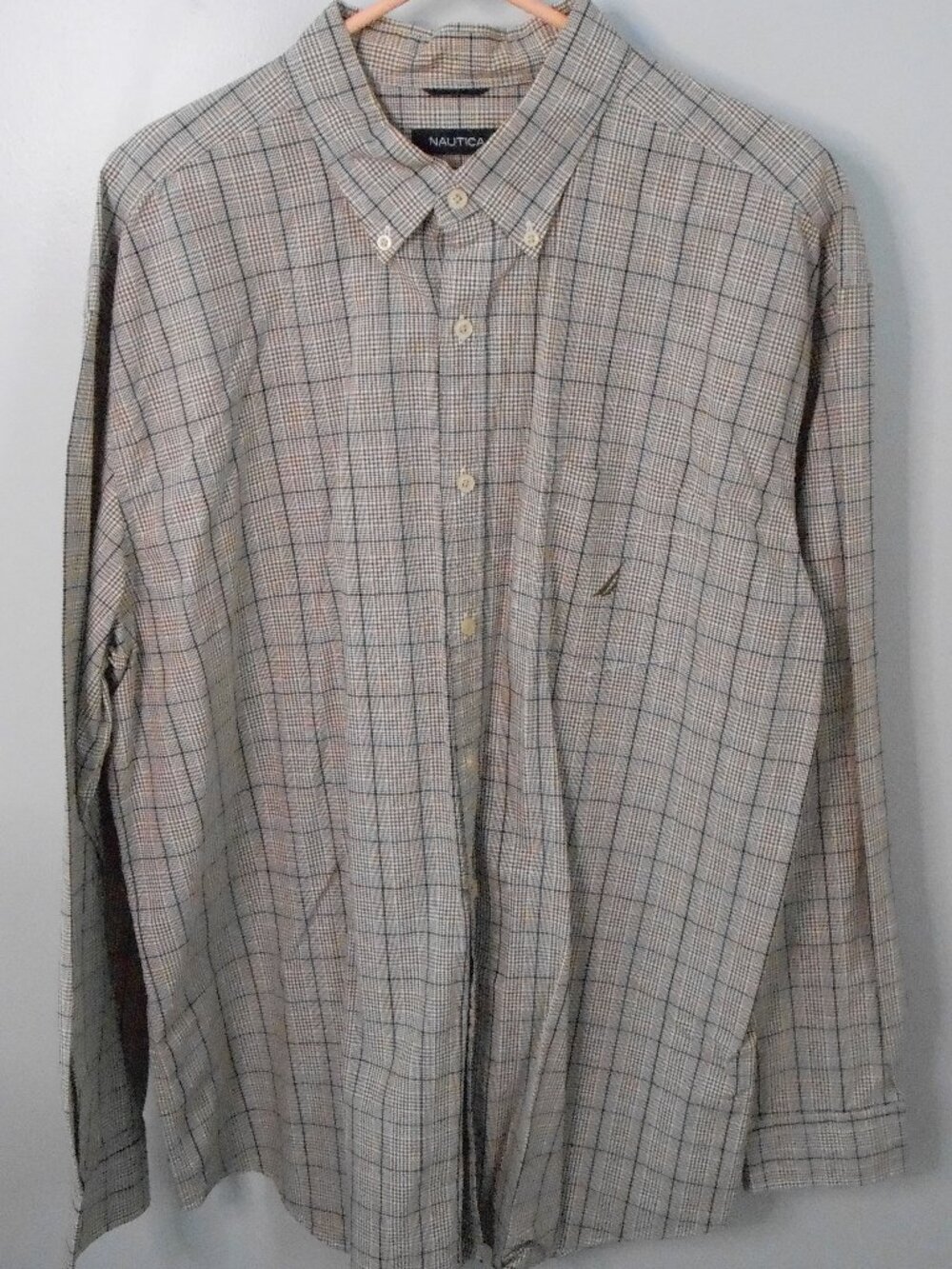 Nautica Men's Brown & Navy Plaid Button Down Collared Long Sleeve Shirt Size-XXL